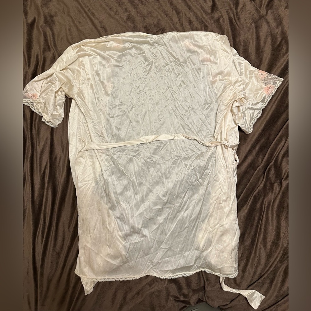 Rare VTG 70s Sans Souci Ivory Satin Lace Chemise & Robe Set 34/M Bridal - Picture 7 of 16